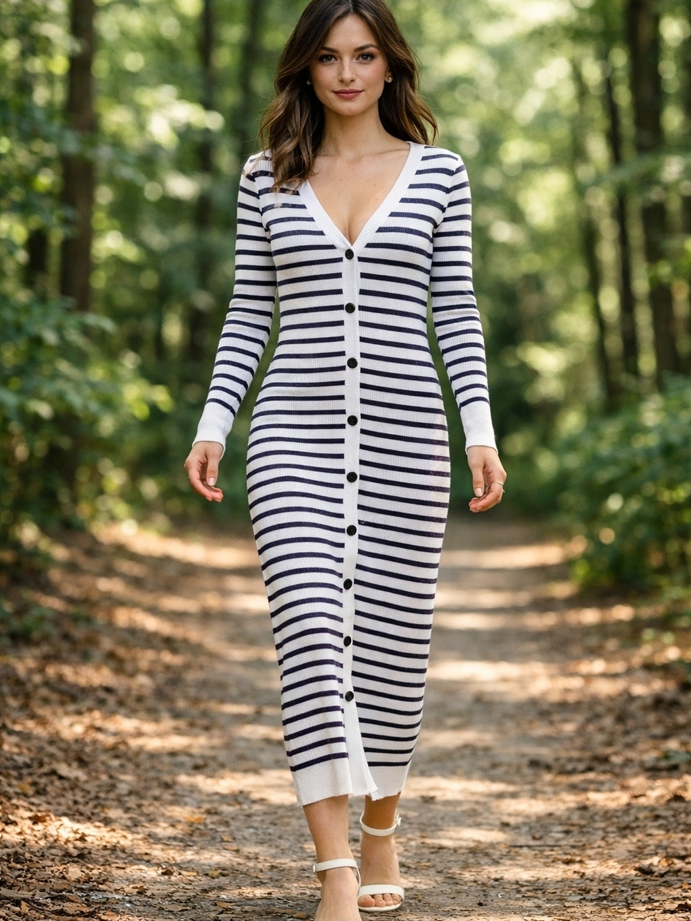 LOFT Navy and White Striped Button-Front Maxi Dress Bodycon Small